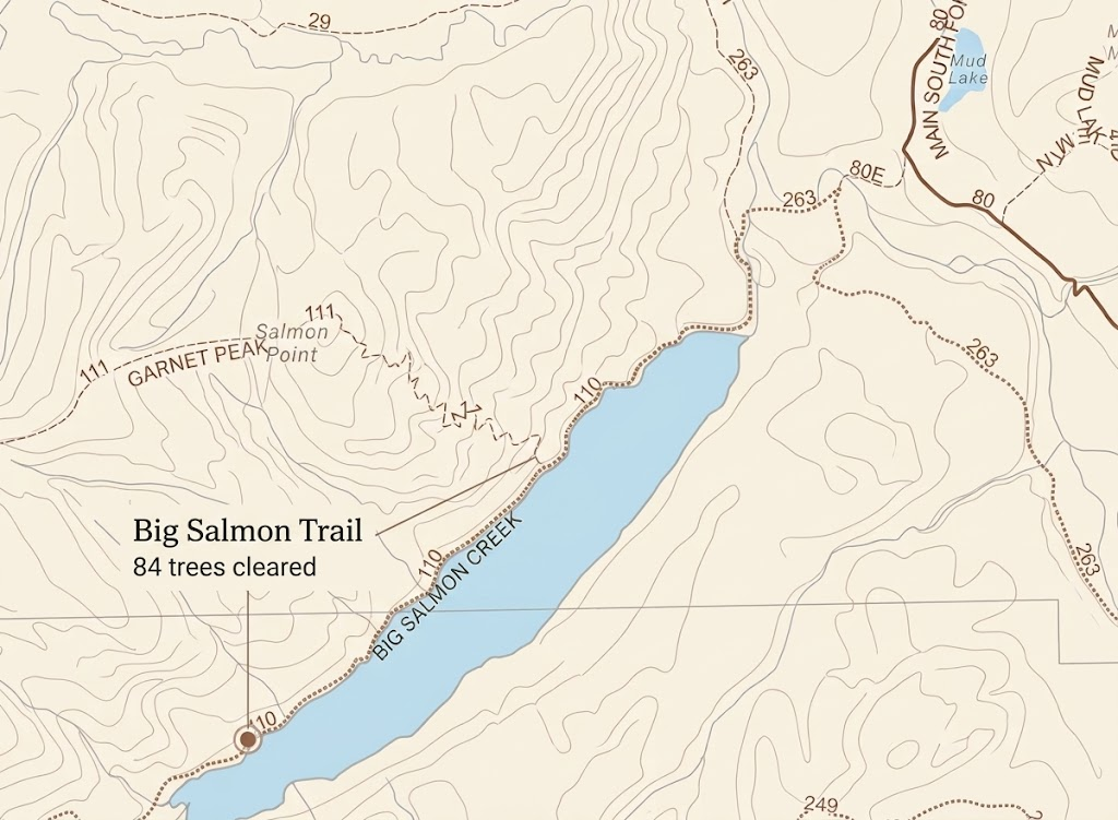 Topographic map of Big Salmon Lake and Trail #110 in the Bob Marshall Wilderness, annotated with 84 trees cleared